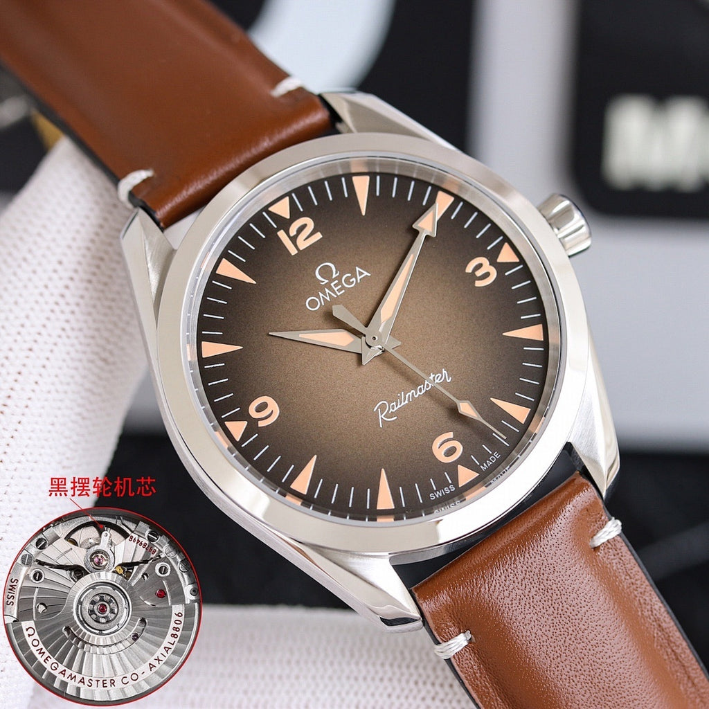 Omega watch with brown dial and brown leather strap, stainless case and bezel.
