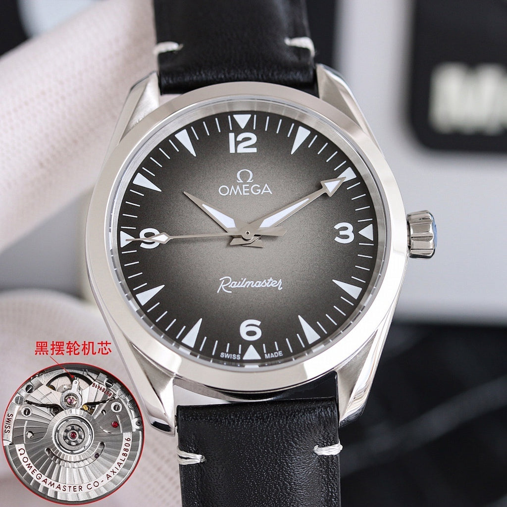 Omega watch with dark dial, black leather strap, stainless case, front view.