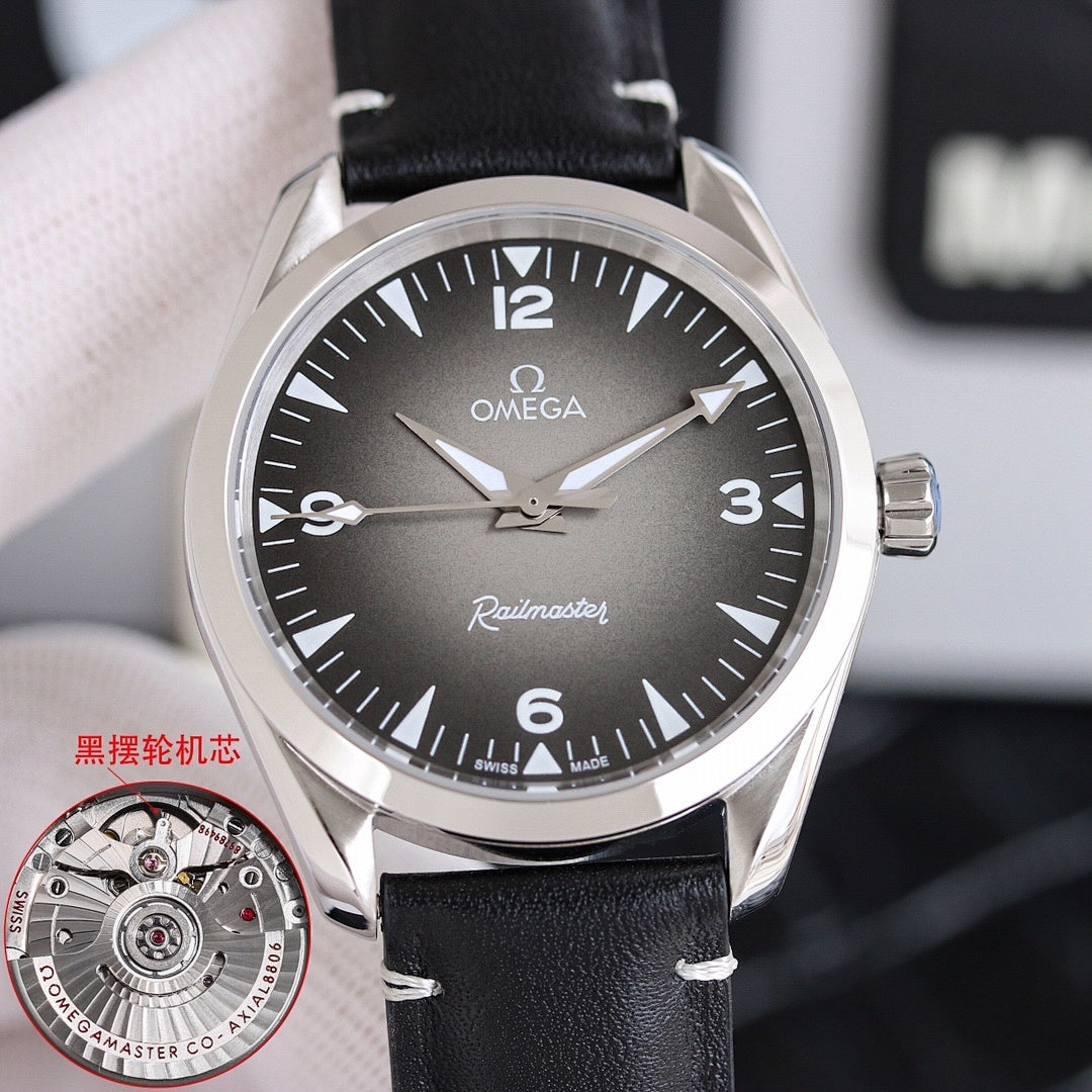 Omega watch with dark dial, black leather strap, stainless case, front view.