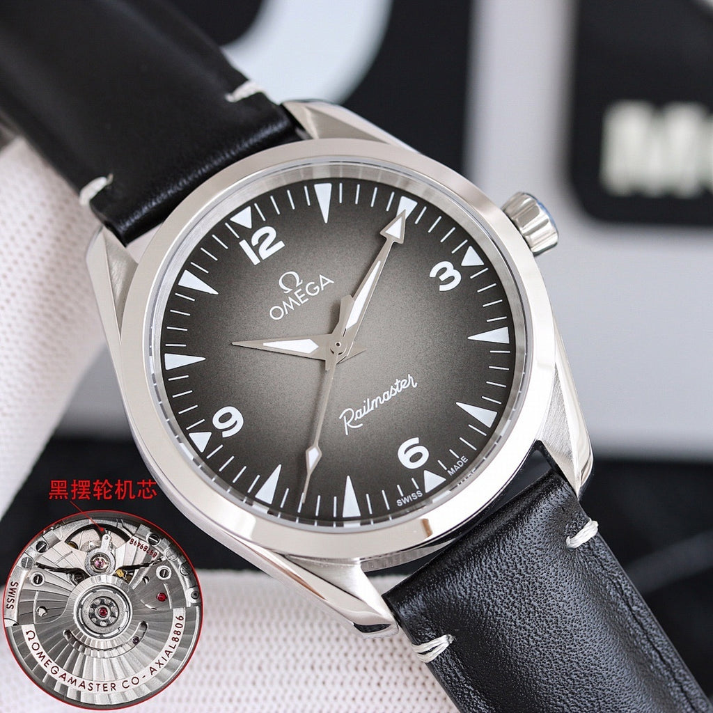 Omega watch with dark dial and black leather strap, stainless case, three-quarter view.