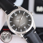Omega watch with dark dial and black leather strap, stainless case, three-quarter view.