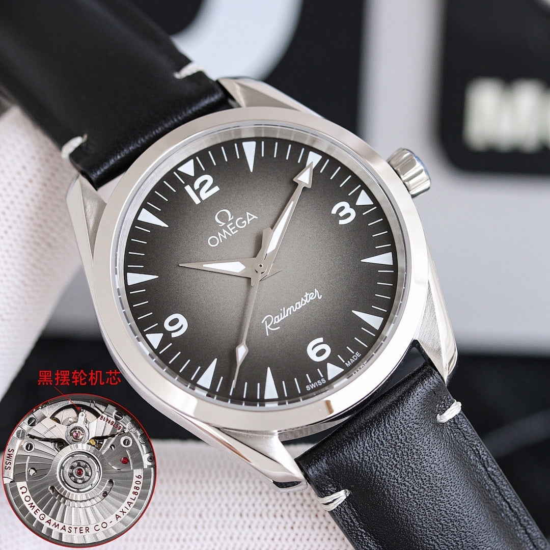 Omega watch with dark dial and black leather strap, stainless case, three-quarter view.