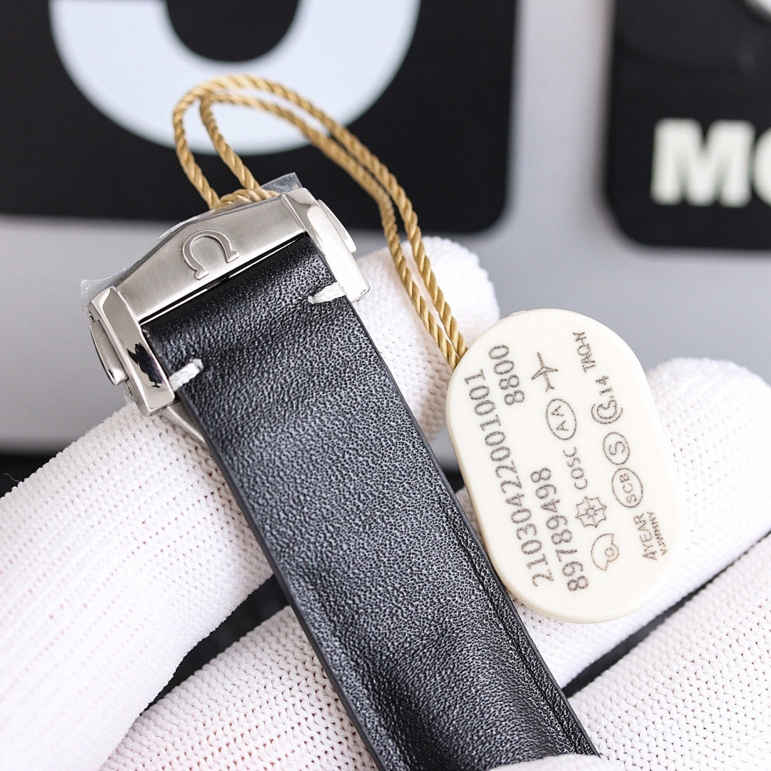 Omega leather strap watch with black strap, metal buckle clasp, and oval hang tag.