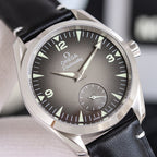 Omega leather strap wristwatch with dark dial and stainless steel case, black strap.