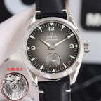 Omega leather strap wristwatch with dark dial, stainless steel bezel and lugs, black strap.