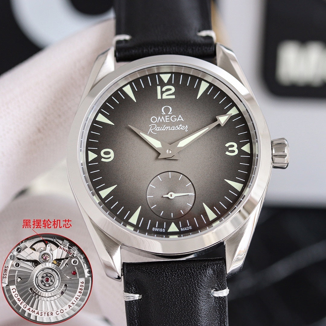 Omega leather strap wristwatch with dark dial, stainless steel bezel and lugs, black strap.