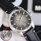 Omega leather strap wristwatch with dark dial, stainless steel case, black leather strap.