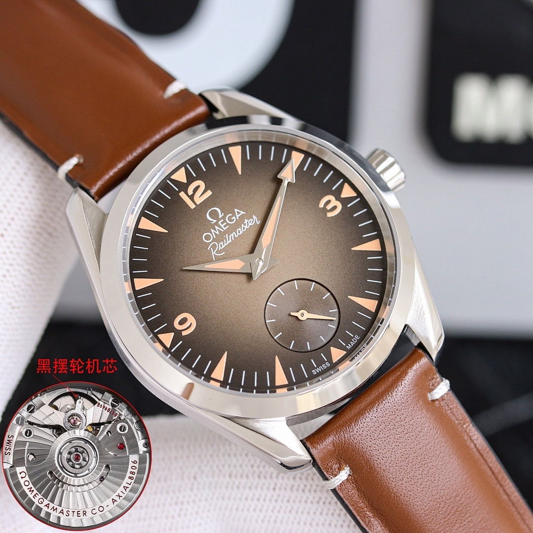 Omega leather strap wristwatch with dark dial and stainless steel case, brown strap visible.