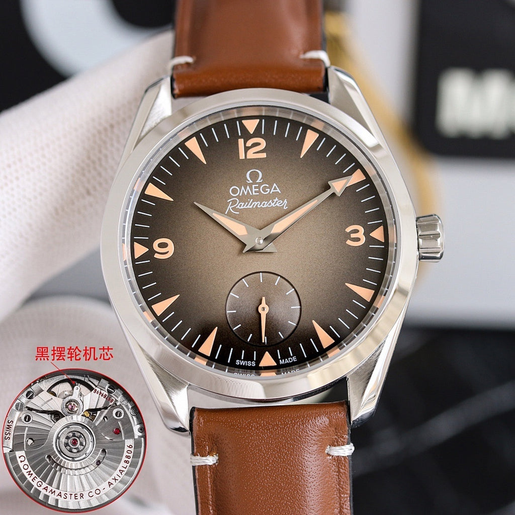 Omega leather strap wristwatch with dark dial, stainless steel bezel, brown leather strap.