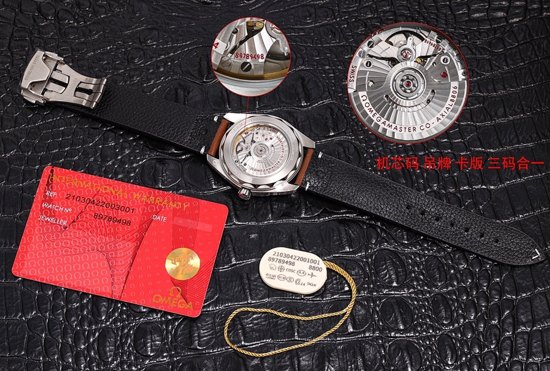 Omega wristwatch with black leather strap and metallic case, watch head resting flat.