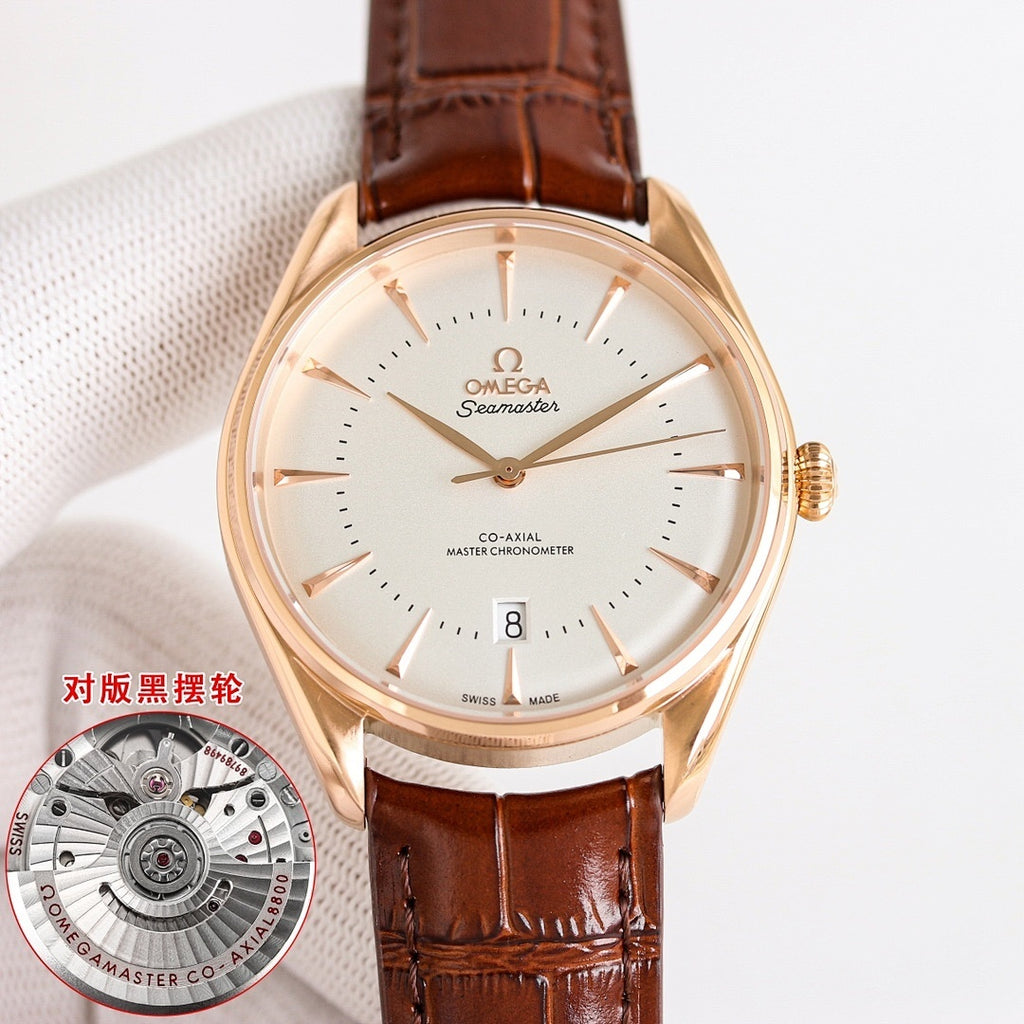 Omega watch with white dial, rose-gold case, brown leather strap, front view