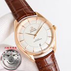 Omega watch with white dial, rose-gold case, brown leather strap, close-up