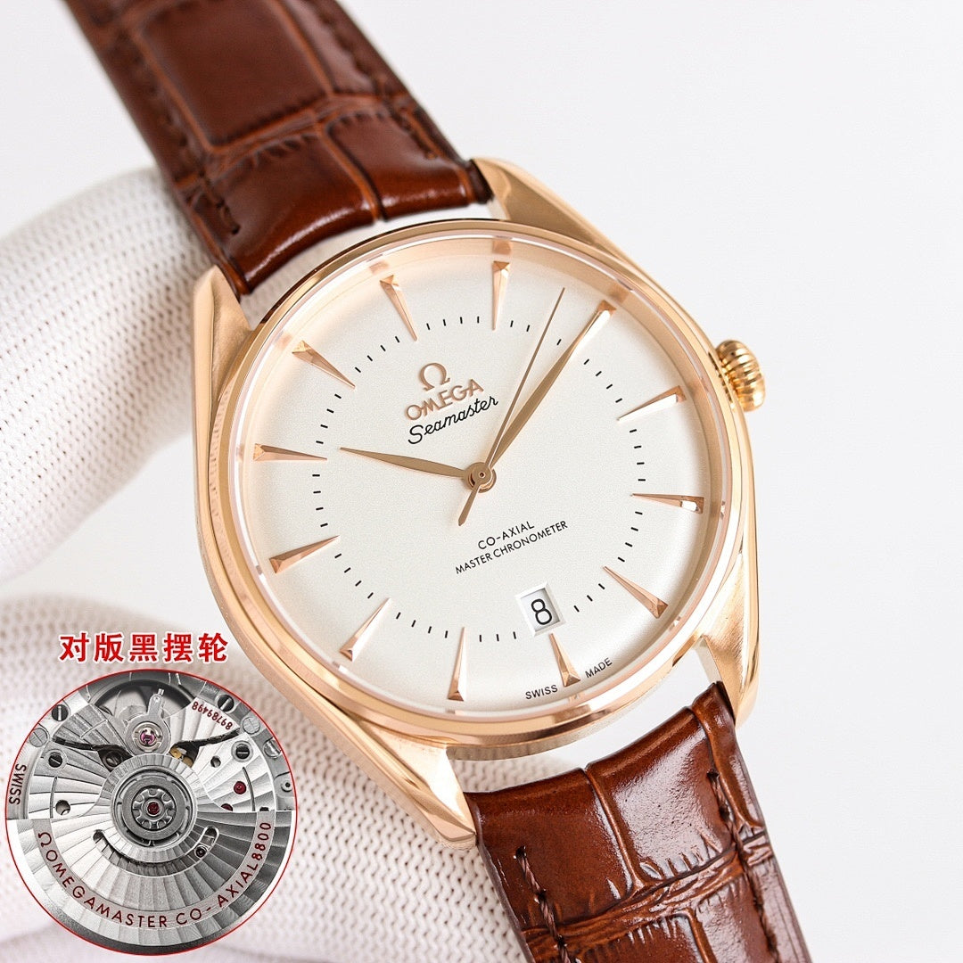 Omega watch with white dial, rose-gold case, brown leather strap, close-up