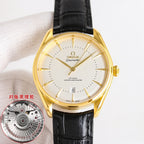 Omega watch with white dial, gold case, black leather strap