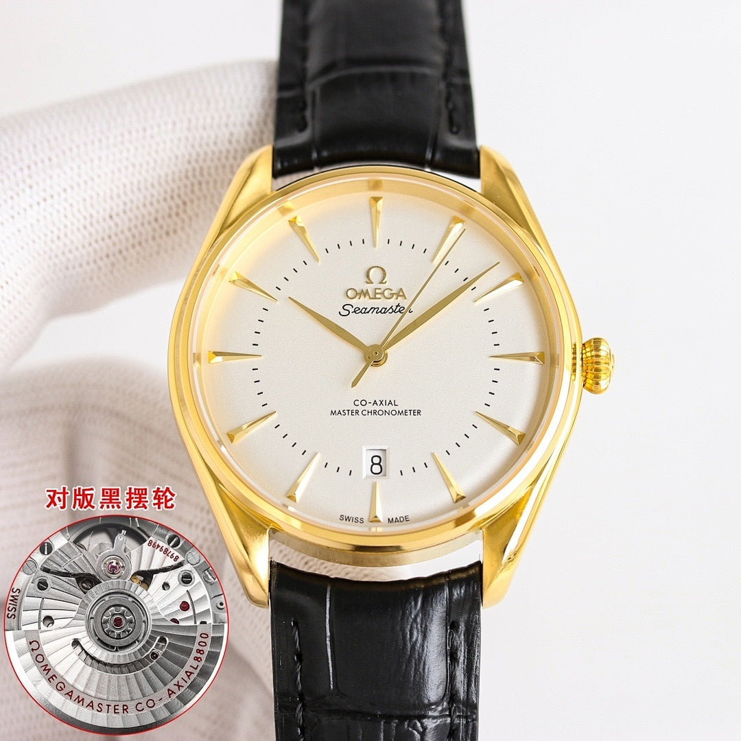Omega watch with white dial, gold case, black leather strap