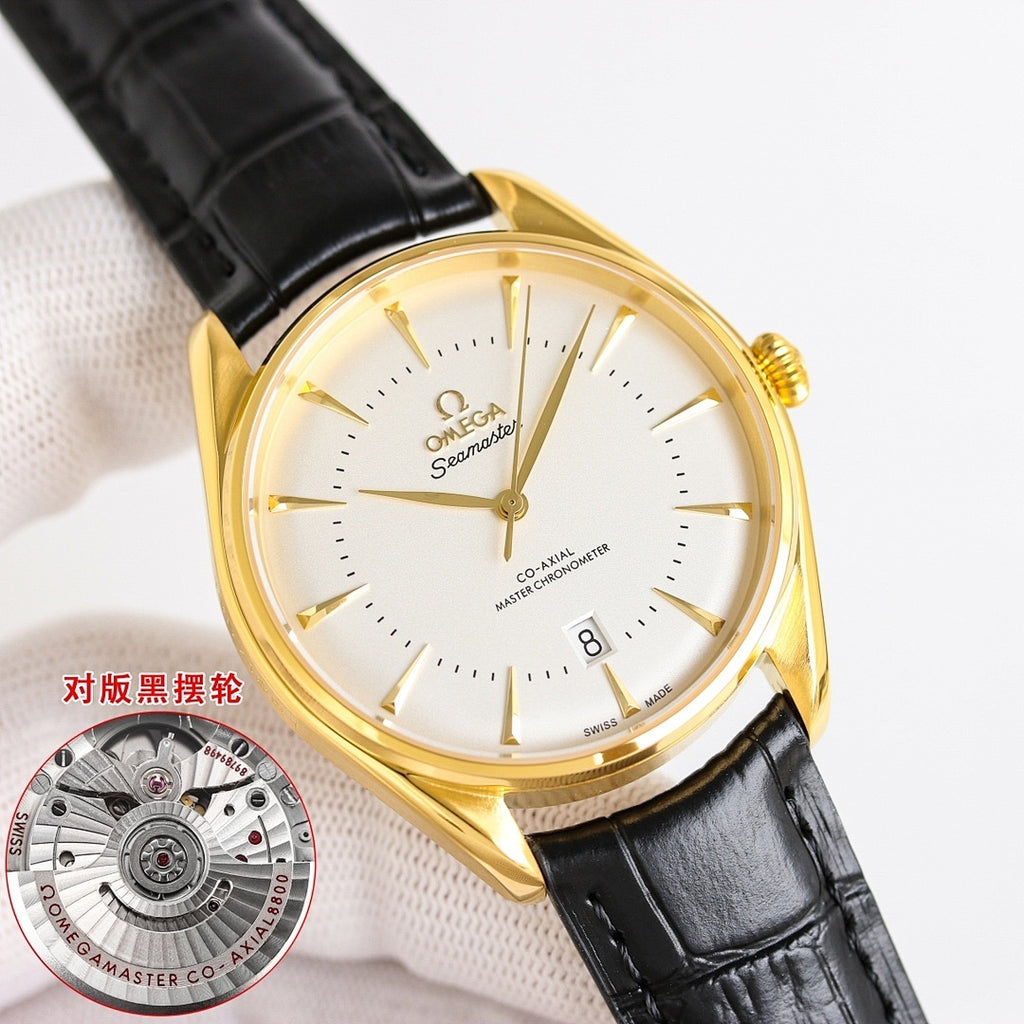 Omega watch with white dial, gold case, black leather strap