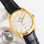 Omega watch with white dial, gold case, black leather strap