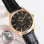 Omega watch with black dial, rose-gold case, black leather strap