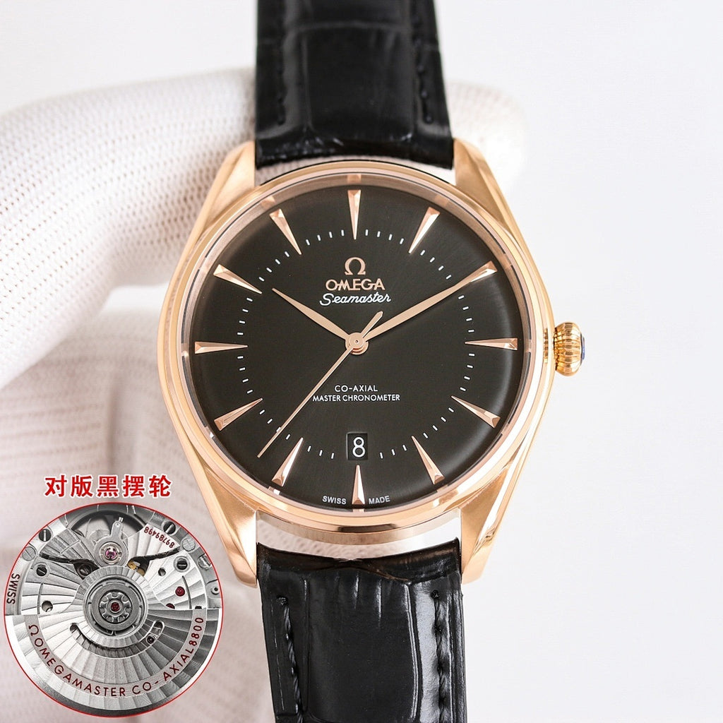 Omega watch with black dial, rose-gold case, black leather strap