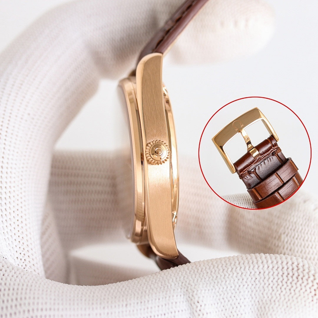 Omega watch side view, gold case, brown leather strap