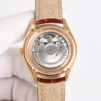 Omega watch skeleton display, rose-gold case, brown leather strap