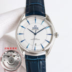 Omega Seamaster watch with white dial, blue leather strap, blue hour markers