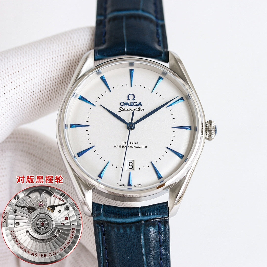 Omega Seamaster watch with white dial, blue leather strap, blue hour markers