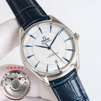 Omega Seamaster watch with white dial, dark blue leather strap, silver case