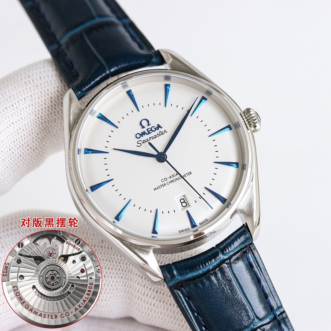 Omega Seamaster watch with white dial, dark blue leather strap, silver case
