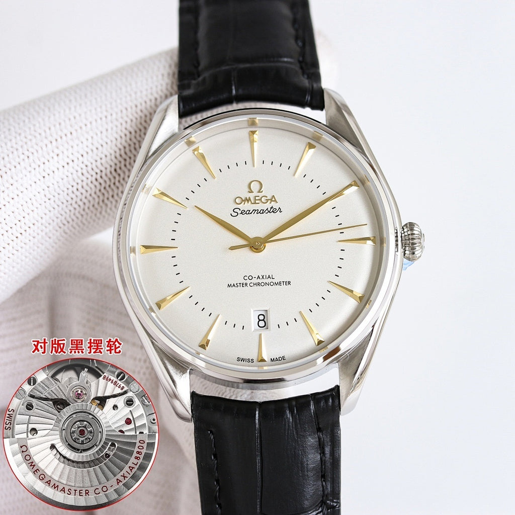 Omega Seamaster watch with white dial, gold hands and black leather strap