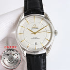 Omega Seamaster watch with white dial, gold hands and black leather strap