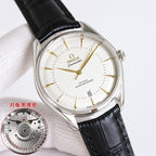 Omega Seamaster watch with white dial, gold accents and black leather strap