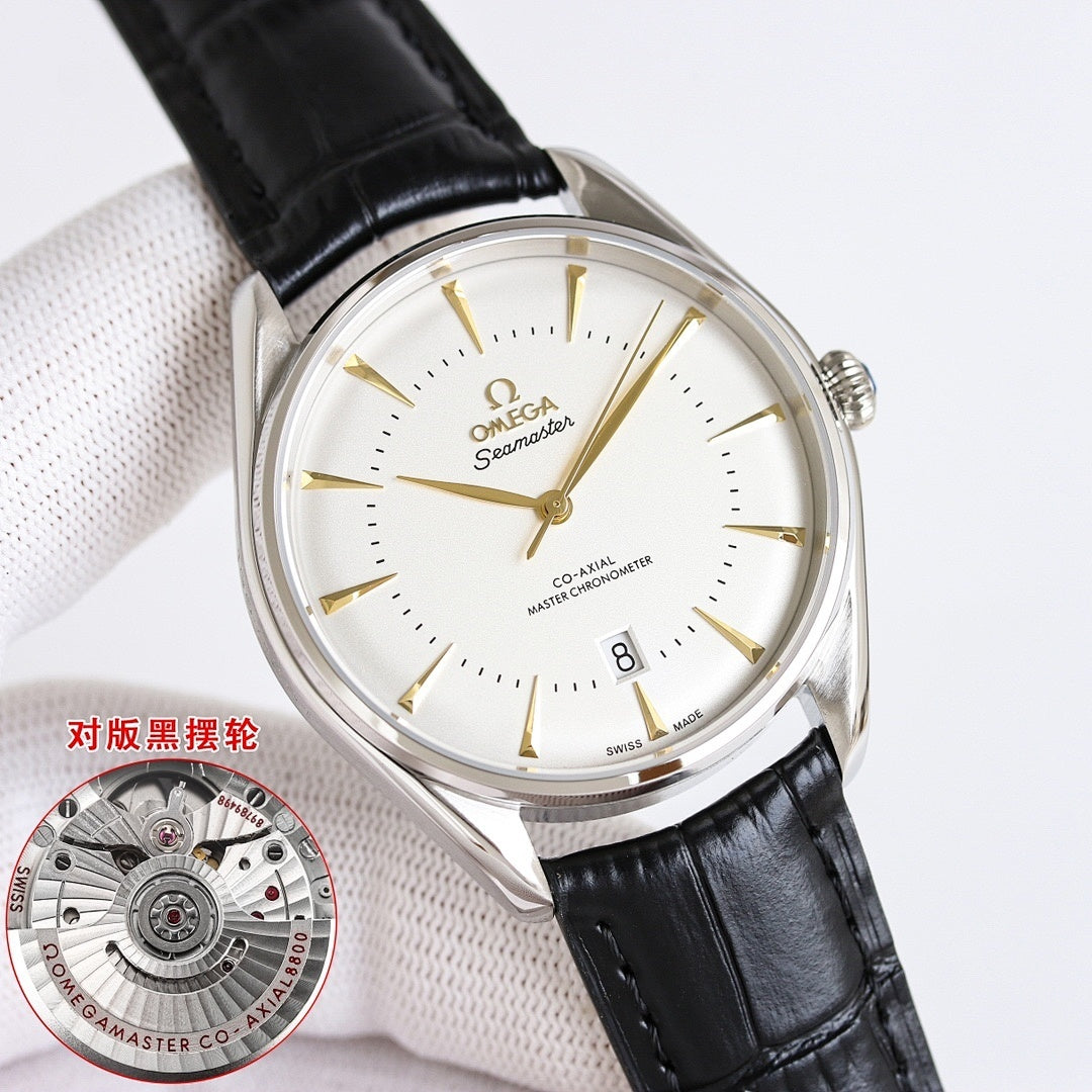 Omega Seamaster watch with white dial, gold accents and black leather strap