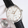 Omega Seamaster watch with white dial, black leather strap, round silver case