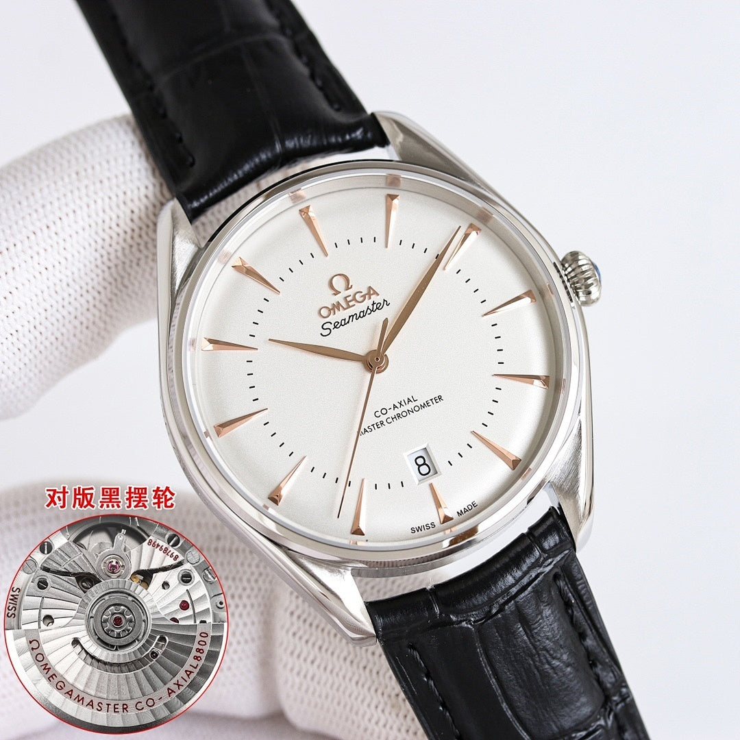 Omega Seamaster watch with white dial, black leather strap, round silver case