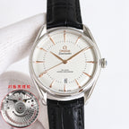 Omega Seamaster watch with white dial, black leather strap, round silver case