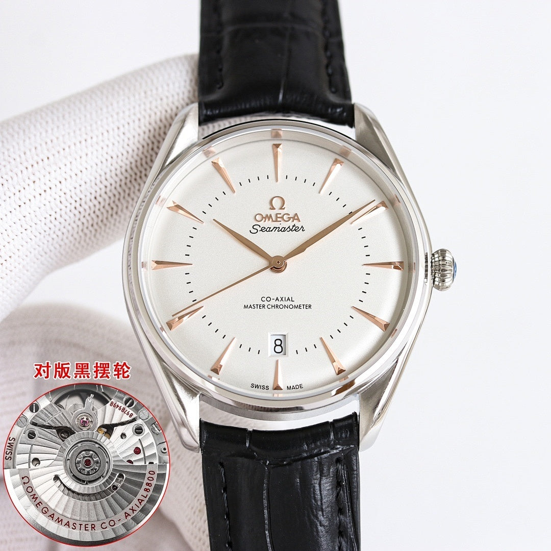 Omega Seamaster watch with white dial, black leather strap, crown side detail