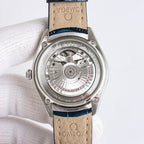 Omega Seamaster watch caseback with visible movement and brown leather strap