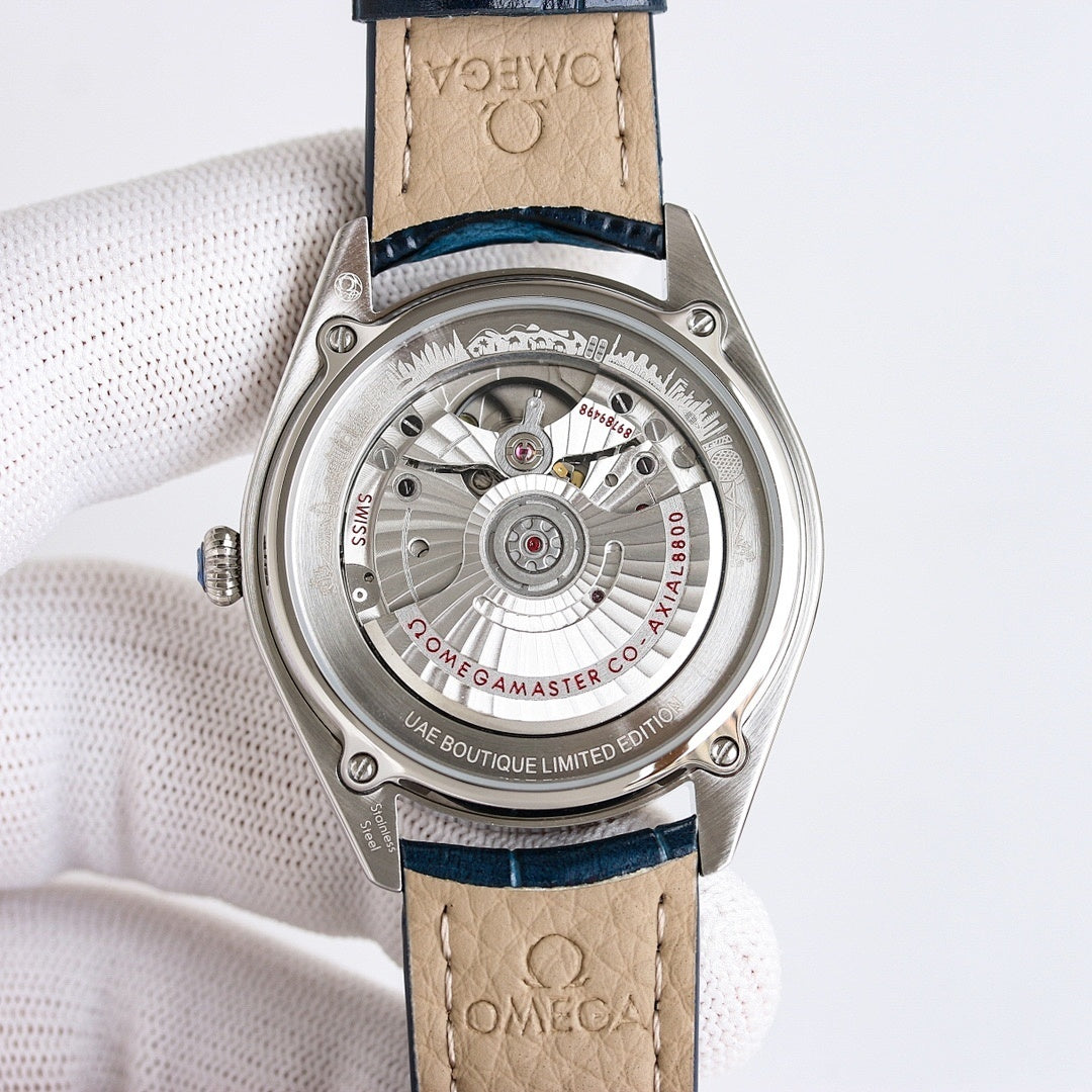 Omega Seamaster watch caseback with visible movement and brown leather strap