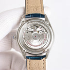 Omega watch caseback with exposed movement and brown leather strap