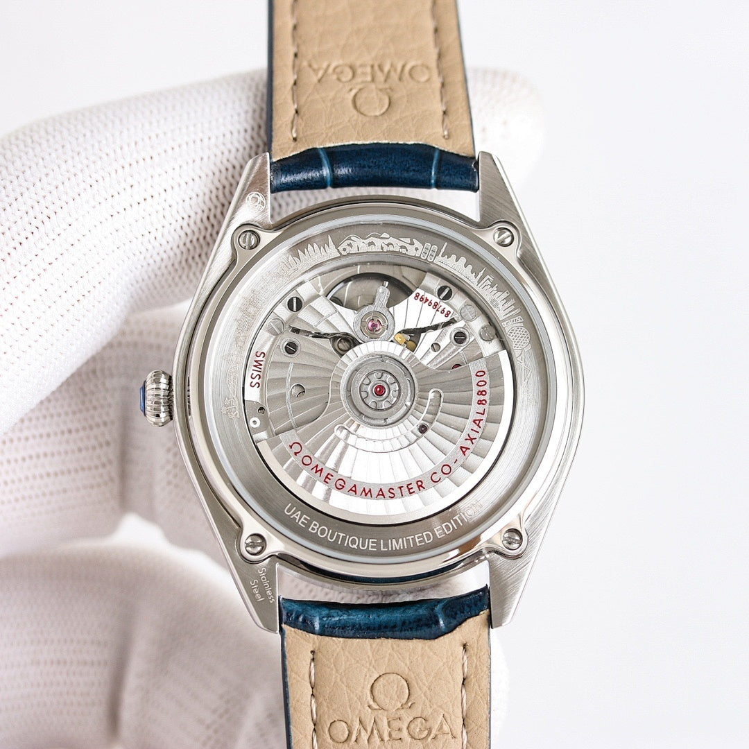 Omega watch caseback with exposed movement and brown leather strap