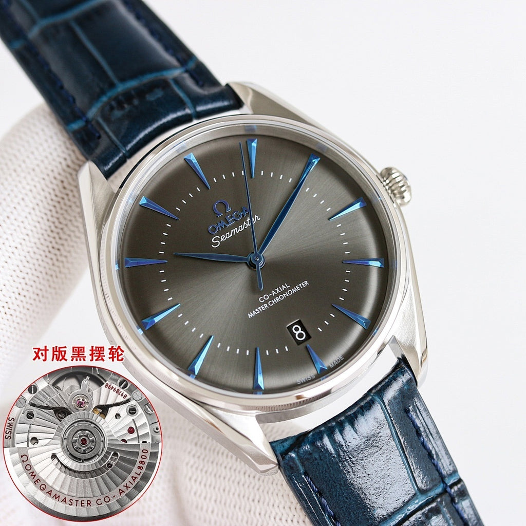 Omega Seamaster wristwatch with gray-green dial, blue markers, blue leather strap