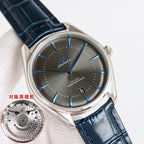Omega Seamaster wristwatch with gray-green dial, blue markers, blue leather strap