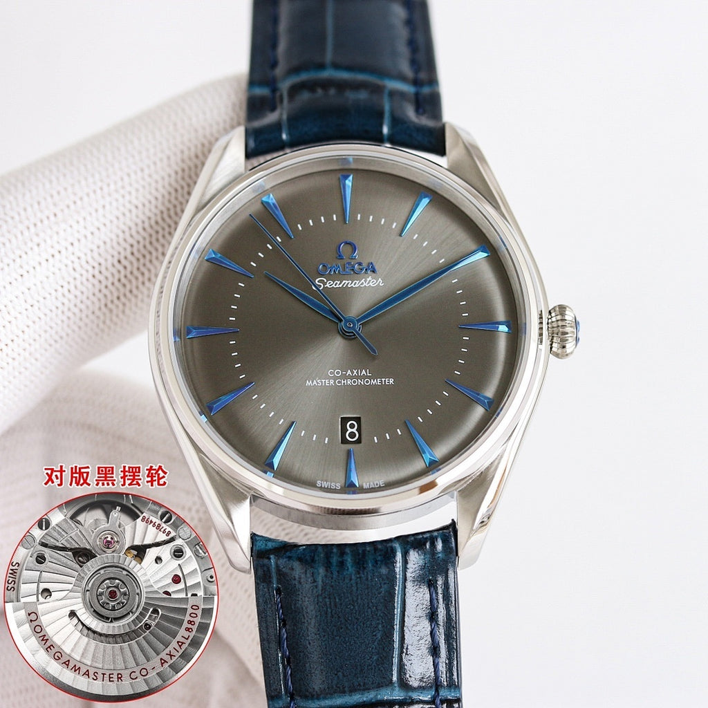 Omega Seamaster wristwatch with dark gray dial, blue leather strap, silver case