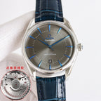 Omega Seamaster wristwatch with dark gray dial, blue leather strap, silver case
