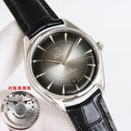 Omega Seamaster wristwatch with dark dial, black leather strap, silver case