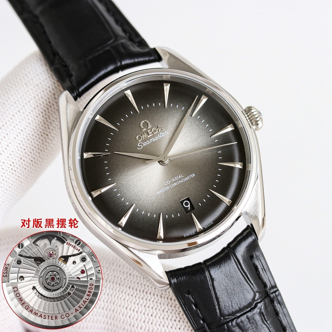 Omega Seamaster wristwatch with dark dial, black leather strap, silver case