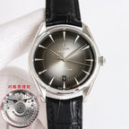 Omega Seamaster wristwatch with dark dial and black leather strap