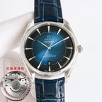 Omega Seamaster wristwatch with deep blue dial, blue leather strap, round silver case