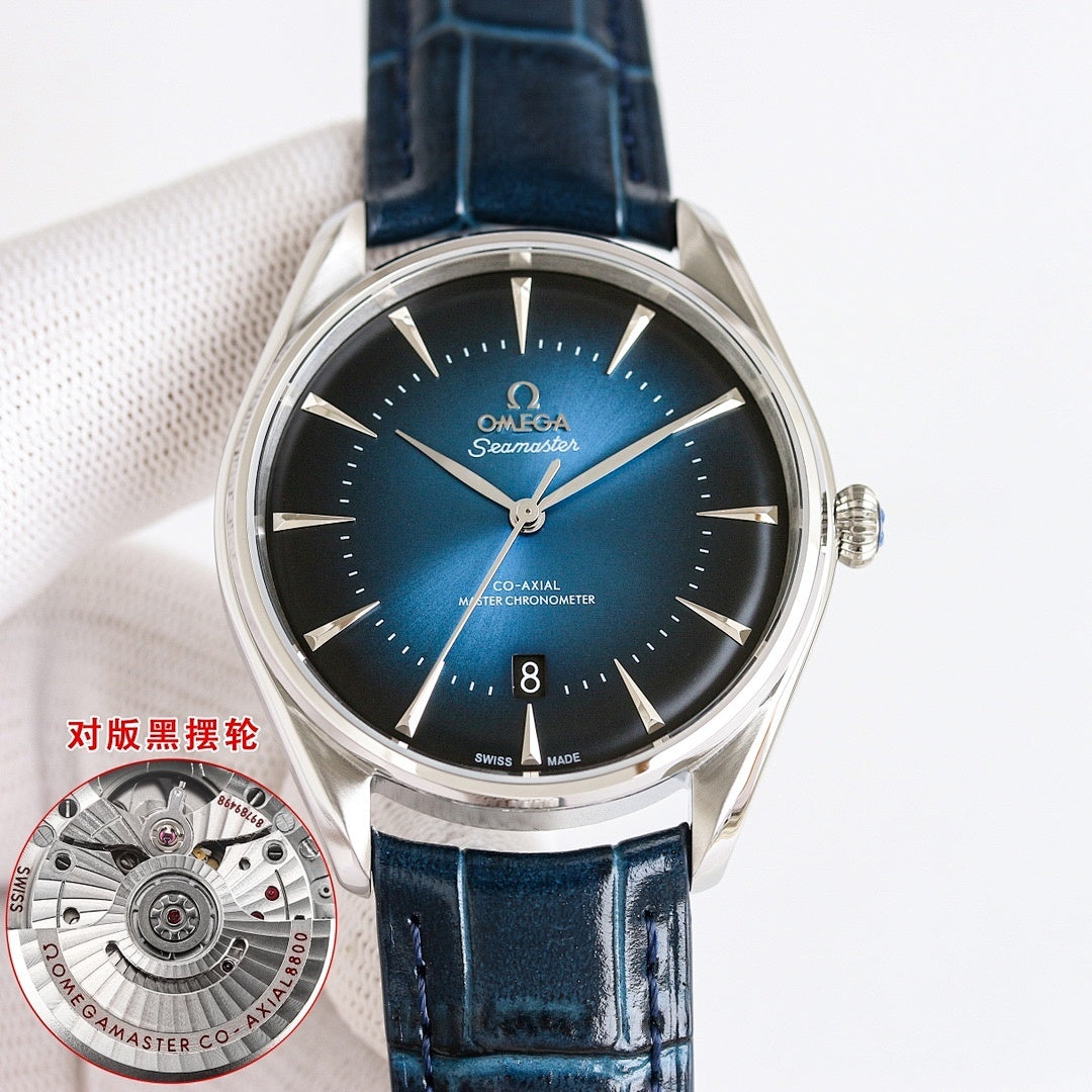 Omega Seamaster wristwatch with deep blue dial, blue leather strap, round silver case